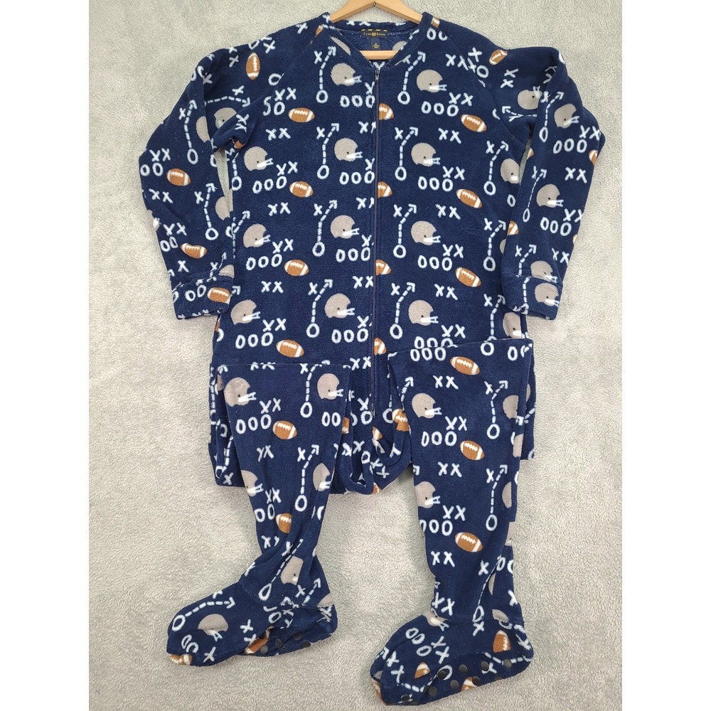 Club Room Mens Blue Football Fleece Footed Pajamas Size Medium Sports Zip Up